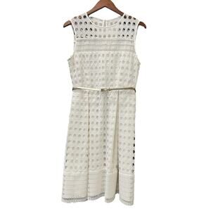 Calvin Klein White Eyelet Lace Fit & Flare Dress Sleeveless Belted Lined Size 8